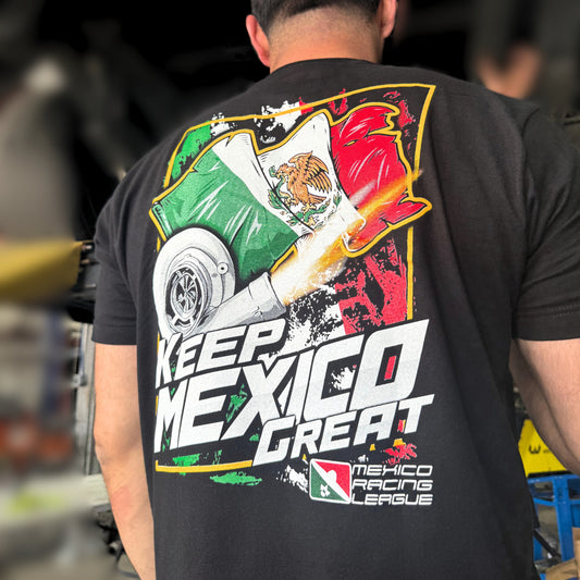 Person wearing a black t-shirt with a graphic design and text on the back.