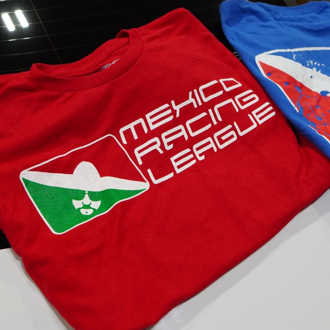 Red t-shirt with 'Mexico Racing League' text on a car window