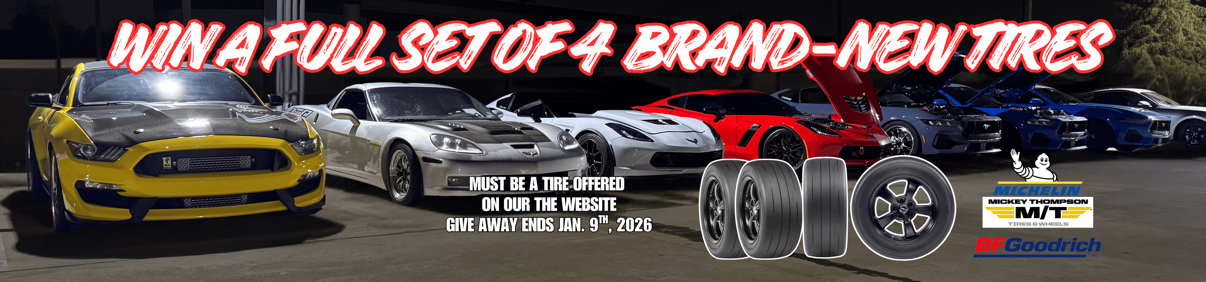 Promotional image with cars and tires on a dark background, featuring text about a tire giveaway.