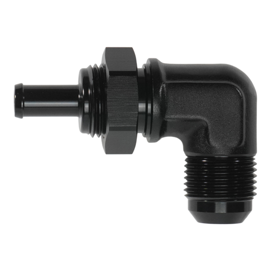DeatschWerks 10AN Male Flare Bulkhead to 3/8in Hose Barb 90-Degree